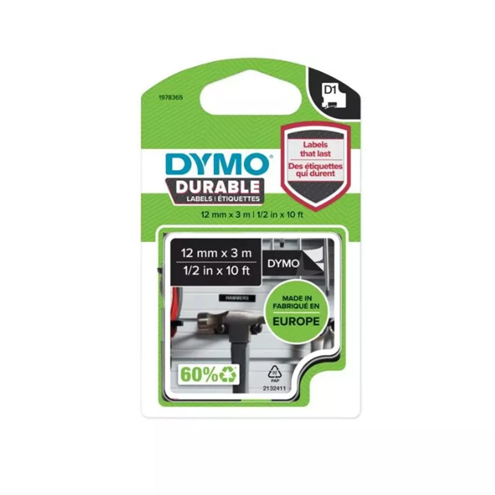 Feliratozógép szalag tartós Dymo D1 1978365 12mmx3m, ORIGINAL, fehér/fekete kép