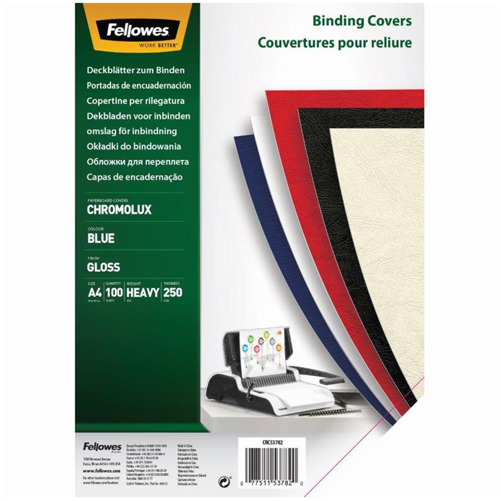 Hátlap, A4, 250 g, fényes, Fellowes® ChromoLux, 100 db/csomag, kék kép