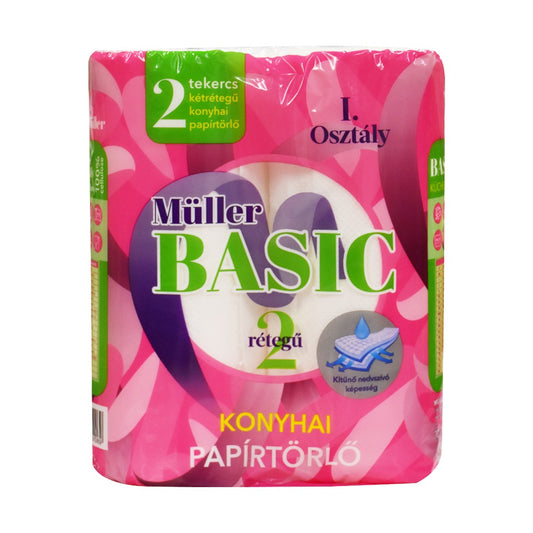 Háztartási papírtörlő kéztörlő 2 rétegű 40 lap/tekercs 2 tekercs/csomag Müller Basic hófehér kép