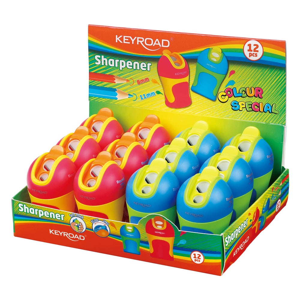 Hegyező 2 lyukú tartályos, fedeles, ceruzahegy gömbölyítő 12 db/display Keyroad Colour Special vegyes színek kép