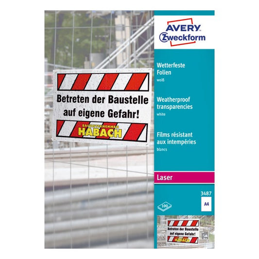 Írásvetítő fólia AVERY 3487 210x297 mm fehér időjárásálló 100 íves