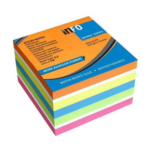 Jegyzettömb öntapadó, 75x75mm, 450lap, Info Notes intenzív narancs, sárga, kék, zöld, pink kép