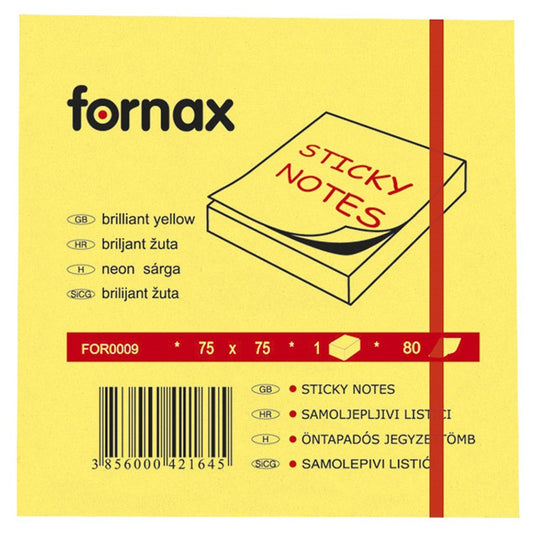 Jegyzettömb öntapadó, 75x75mm, 80lap, Fornax neon sárga kép