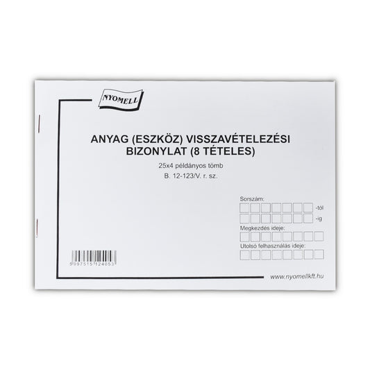 Készlet visszavételezési bizonylat 8 tételes 25x4 lapos tömb A/5 fekvő B.12-123/V Bluering kép