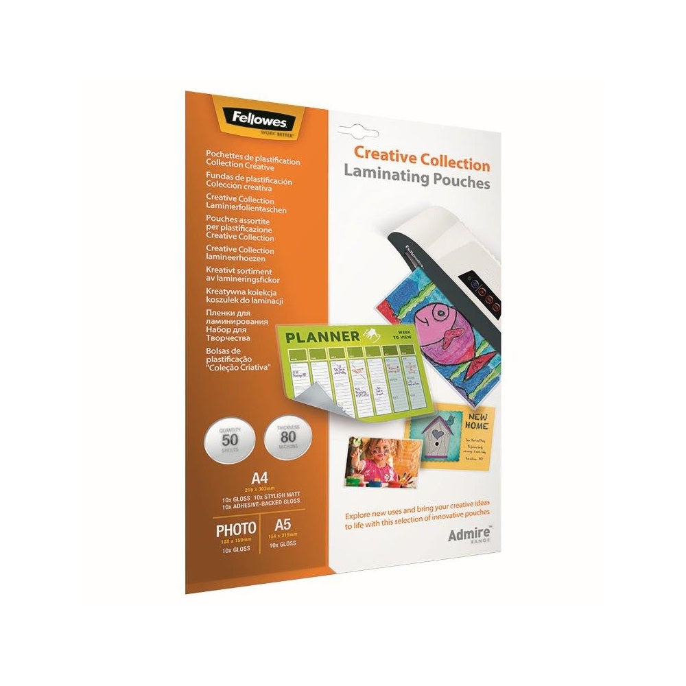 Lamináló fólia, 80 mikron, 5 klf. méretben 5x10 db/doboz, Admire Creativ Fellowes® kép