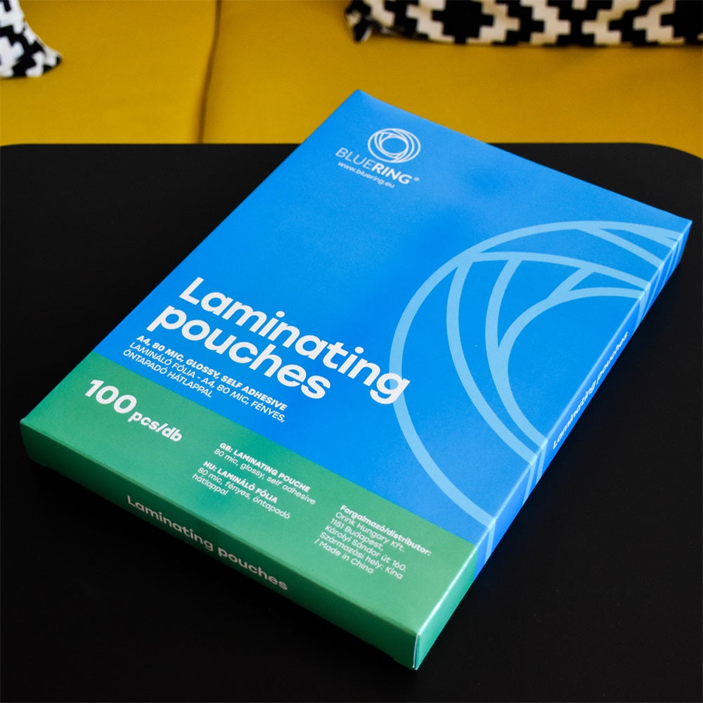 Lamináló fólia A4, 80 micron öntapadó hátlappal 100 db/doboz, Bluering®, kép
