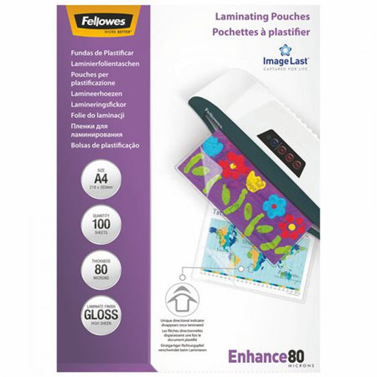 Lamináló fólia, A4, 80 mikron, fényes, 100 db/doboz, Fellowes® kép