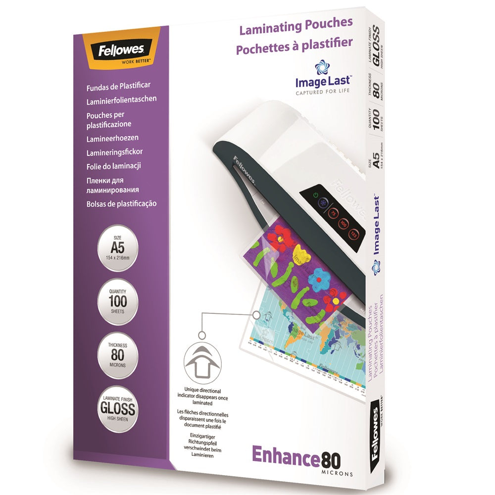 Lamináló fólia, A5, 80 mikron, fényes, 100 db/doboz, Fellowes® kép