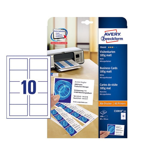 Névjegykártya AVERY C32010-10 mikroperforált él kétoldalas matt fehér él 185 g 100 címke/csomag