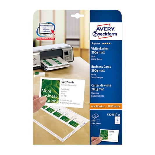 Névjegykártya AVERY C32011-25 sima él egyoldalas matt fehér 200 g 25 lapos