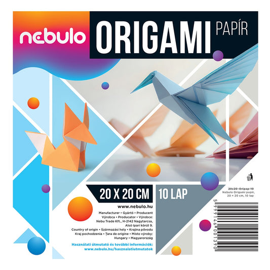 Origami papír 20x20 cm, vegyes színek, 10 lap/csomag, Nebulo kép