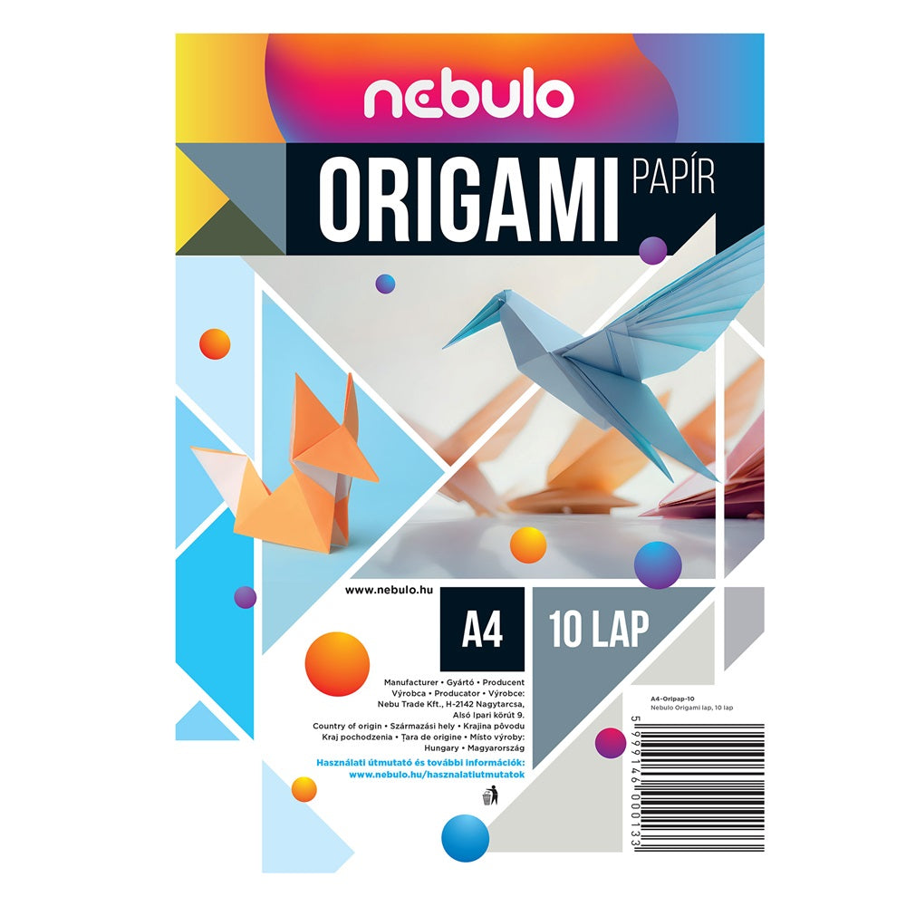 Origami papír A4, vegyes színek, 10 lap/csomag, Nebulo kép