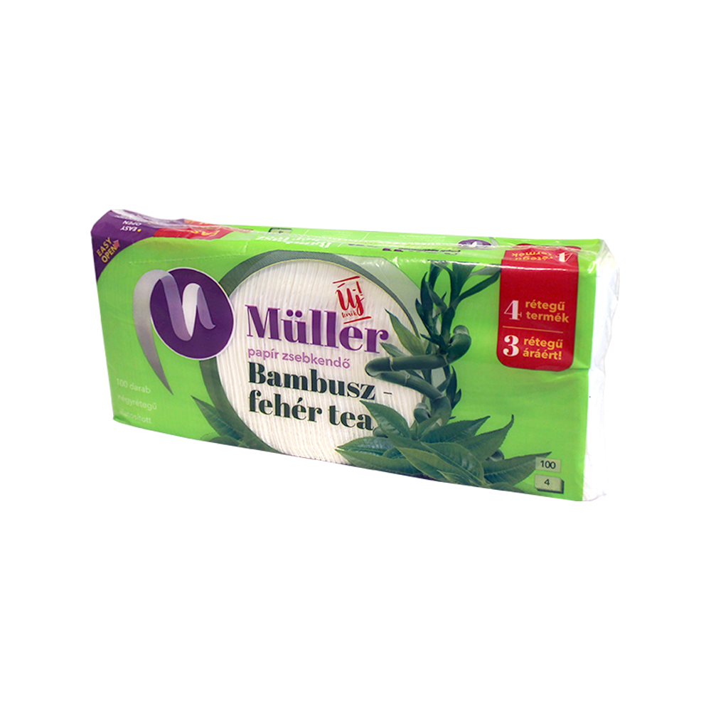 Papírzsebkendő 4 rétegű 100 db/csomag Bambusz - fehér tea illatú Müller kép
