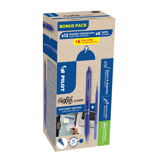 Rollertoll 0,5mm, törölhető Pilot Frixion Clicker GreenPack, 12 toll + 12betét, írásszín kék kép