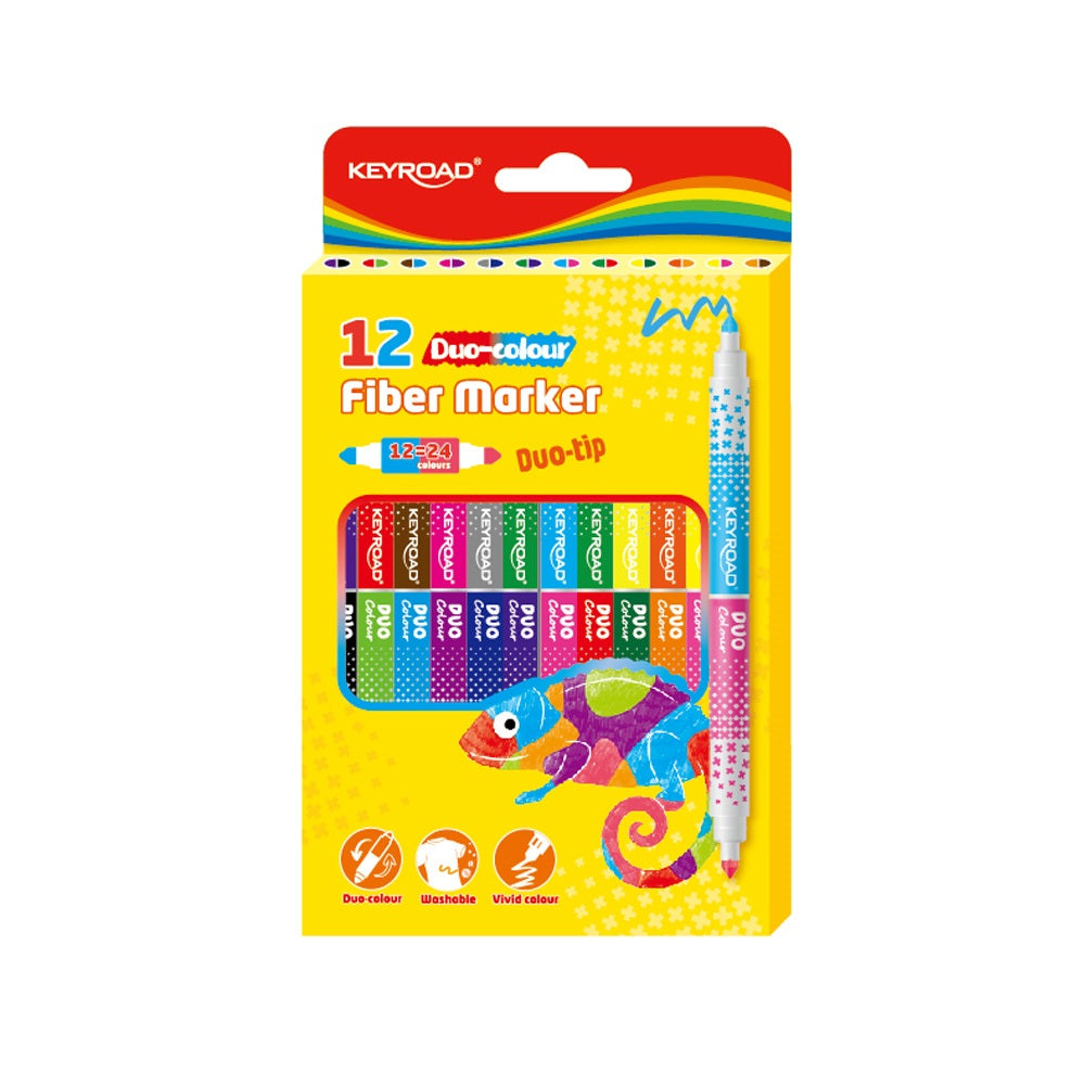 Rostirón, filctoll kétvégű készlet 12 db/doboz Keyroad duo fiber marker 24 klf. szín kép