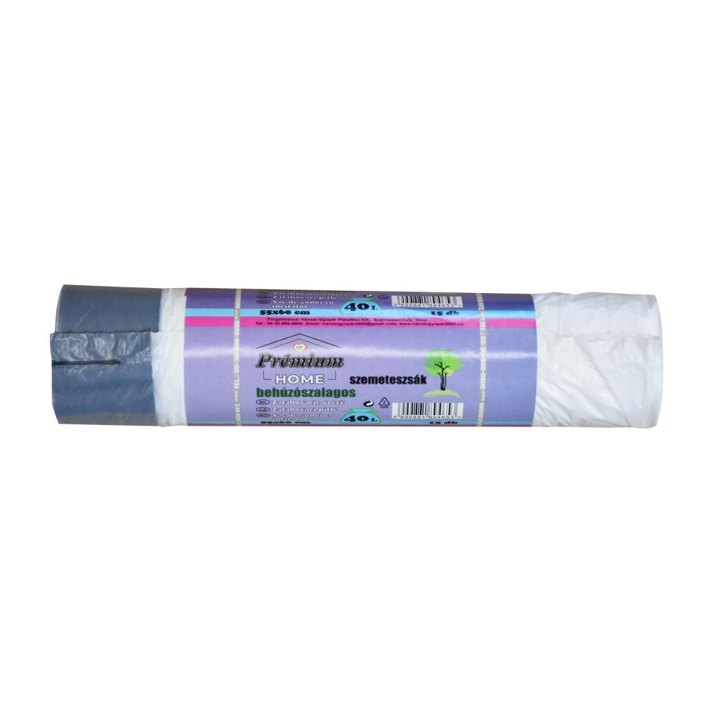Szemeteszsák önzáró szalaggal 40 liter 55 x 60 cm 14 mikron 15 db/tekercs PE fehér kép