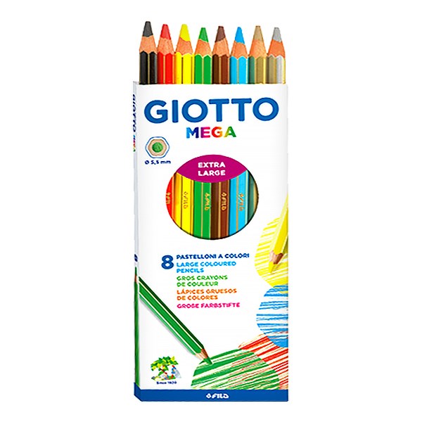 Színes ceruza GIOTTO Mega hatszögletű extra vastag 8 darabos (6 alapszín+arany+ezüst)