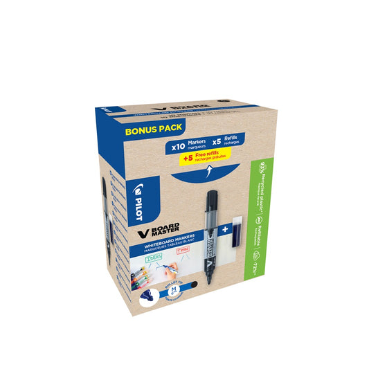 Táblamarker 2,3mm, kerek hegyű, utántölthető medium V-Board Master 10+10 Pilot fekete kép