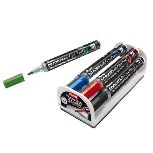 Táblamarker+törlő készlet 1-5mm, hajlékony hegyű, Pentel Maxiflo Flex Feel, 4 klf. szín kép