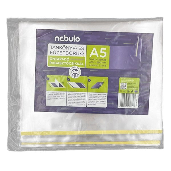 Tankönyvborító NEBULO A/5 öntapadós csíkkal víztiszta 65mic 47x26 cm 10 darabos