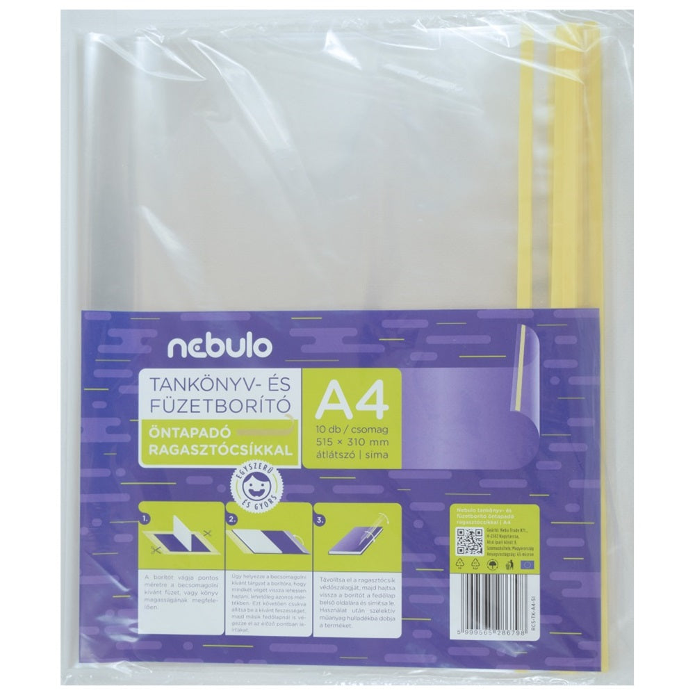 Tankönyvborító öntapadó, ragasztócsíkkal, A4 51,5x31cm, 10 ív/csomag, Nebulo, víztiszta kép