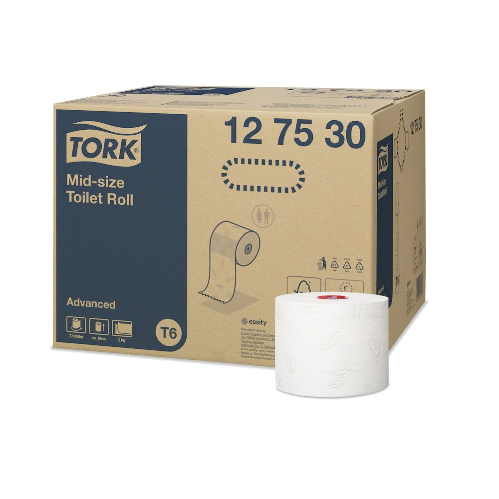 Toalettpapír 2 rétegű duplatekercses átmérő: 13,2 cm 100 m/tekercs 27 tekercs/karton Mid-size T6 Tork_127530 fehér kép
