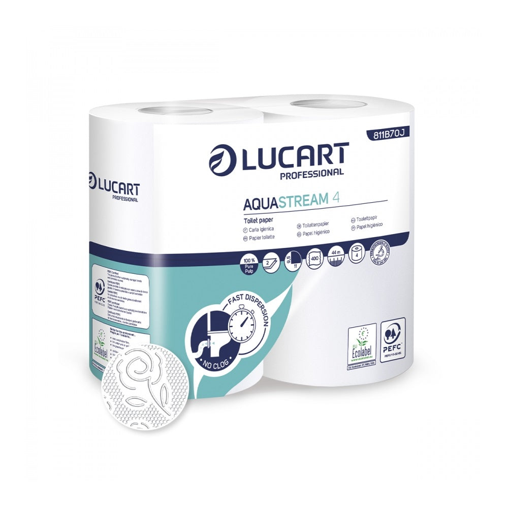 Toalettpapír 2 rétegű 400 lap/tekercs 4 tekercs/csomag Aquastream 4 Lucart_811B70J hófehér kép