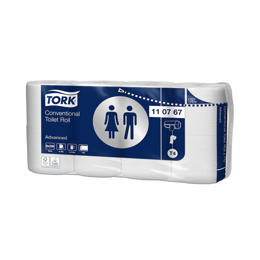 Toalettpapír 2 rétegű kistekercses átmérő: 10,3 cm 250 lap/30 m/tekercs 8 tekercs/csomag T4 Tork_110767 fehér kép