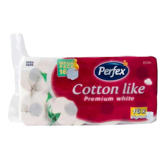 Toalettpapír 3 rétegű kistekercses 100% cellulóz 180 lap/16 tekercs/csomag Premium Cotton Like Boni Perfex hófehér kép
