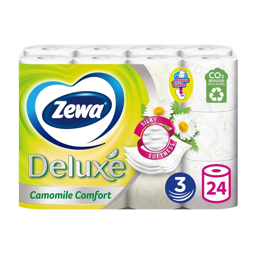 Toalettpapír 3 rétegű kistekercses 100% cellulóz 24 tekercs/csomag Deluxe Zewa Camomile Comfort hófehér kép