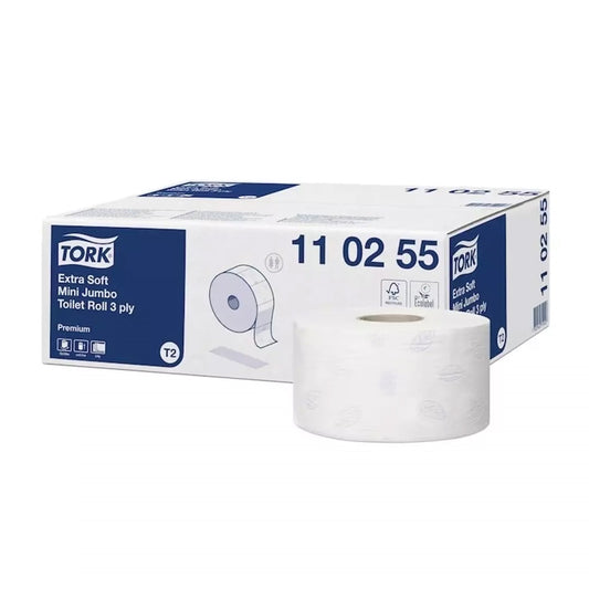 Toalettpapír 3 rétegű közületi átmérő: 18,7 cm 600 lap/120 m/tek 12 tek/karton Extra Soft Mini Jumbo Tork_110255 fehér kép