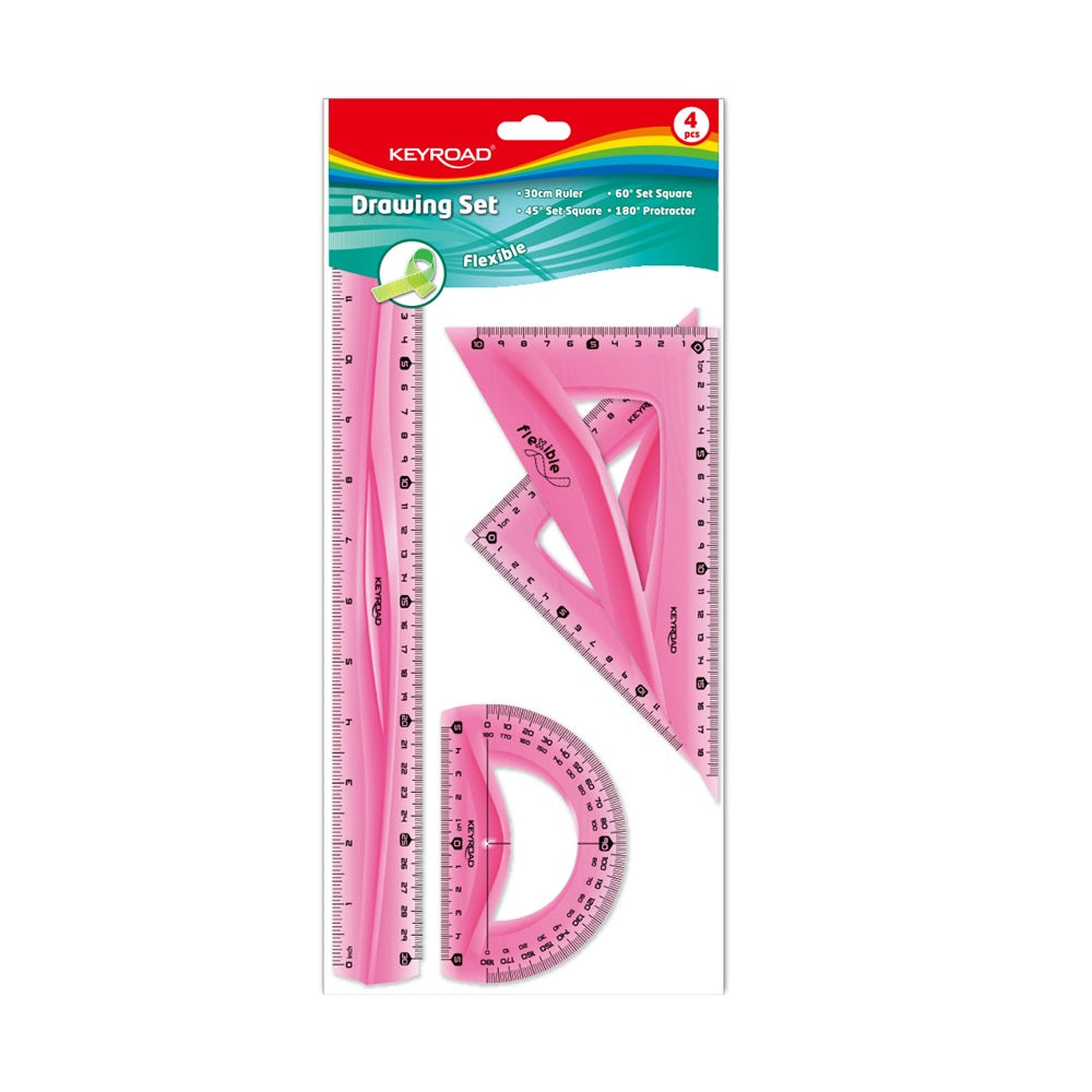 Vonalzókészlet, 30 cm, flexibilis vonalzó, szögmérő, 45° és 60° háromszög vonalzók 4 db/bliszter Keyroad vegyes színek kép