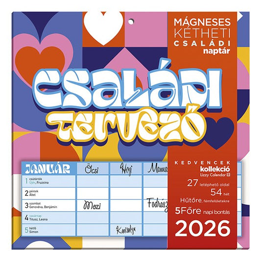 Falinaptár mágneses LIZZY CARD 220x220mm 2 hetes Családi tervező 2026. kép