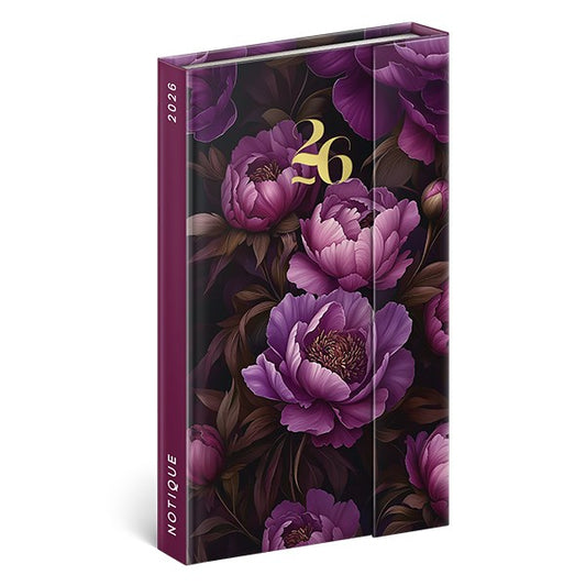 Határidőnapló mágnessel záródó REALSYSTEM 130x210mm heti sárga lapos Purple flowers 2026. kép
