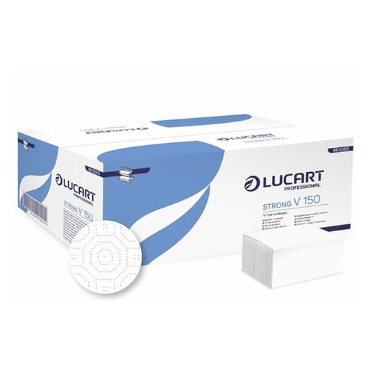 Kéztörlő hajtogatott LUCART Strong ("V") 23x25 cm 150 lapos fehér 2 rétegű kép