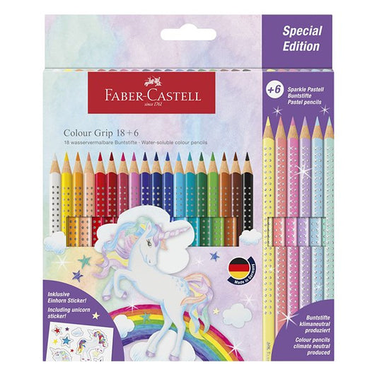 Színes ceruza FABER-CASTELL Grip Unikornis matricával 18 darabos + 6 darab Sparkle pasztell színes ceruzával kép