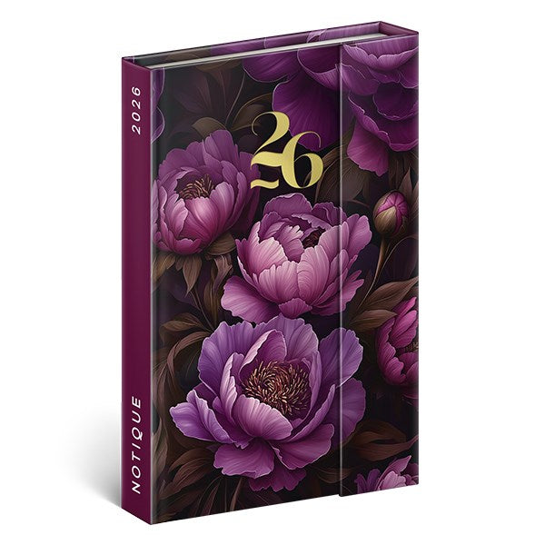 Határidőnapló mágnessel záródó REALSYSTEM 110x160mm heti sárga lapos Purple flowers 2026. kép