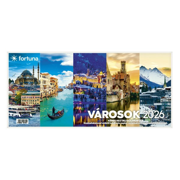 Asztali naptár képes FORTUNA álló fehér lapos holdfázissal Városok 2026. kép