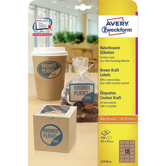 Etikett címke, 62 x42mm, környezetbarát 18 címke/lap, 25 lap/doboz, Avery barna kép