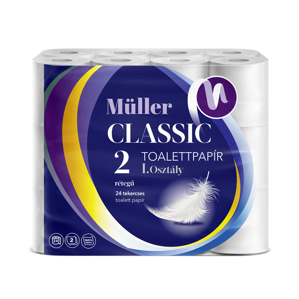 Toalettpapír 2 rétegű kistekercses 100% cellulóz 100 lap/tekercs 24 tekercs/csomag Müller Classic kép