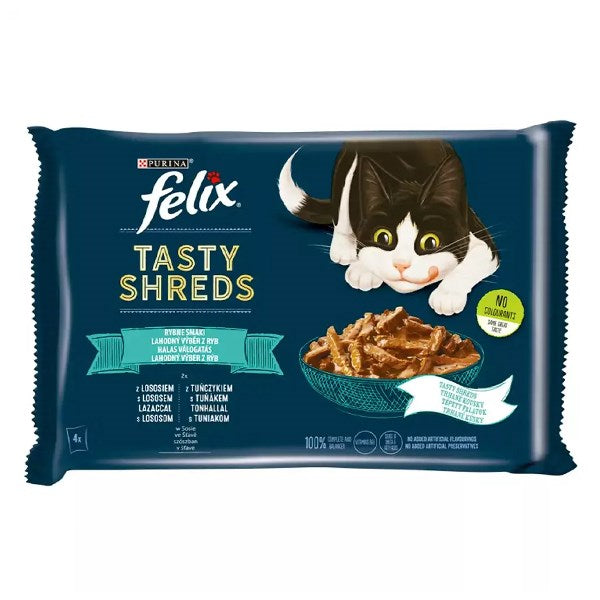 Állateledel alutasakos FELIX Tasty Shreds macskáknak 4-pack halas lazac-tonhal válogatás szószban 4x80 g kép