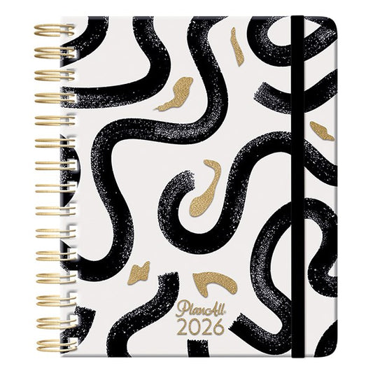 Határidőnapló PLANALL Midi B/6 heti spirálos keményfedelű gumis Black on white 2026. kép