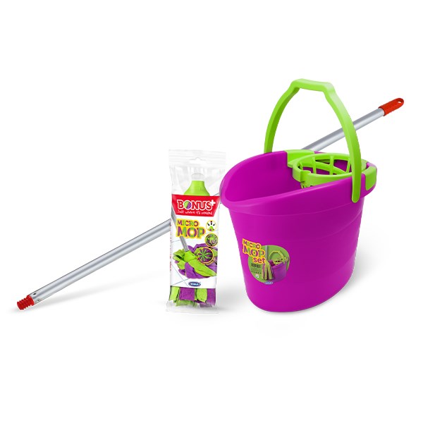 Felmosó szett BONUS lila-zöld vödör 18L+130cm alukróm nyél + micromop pótfej kép