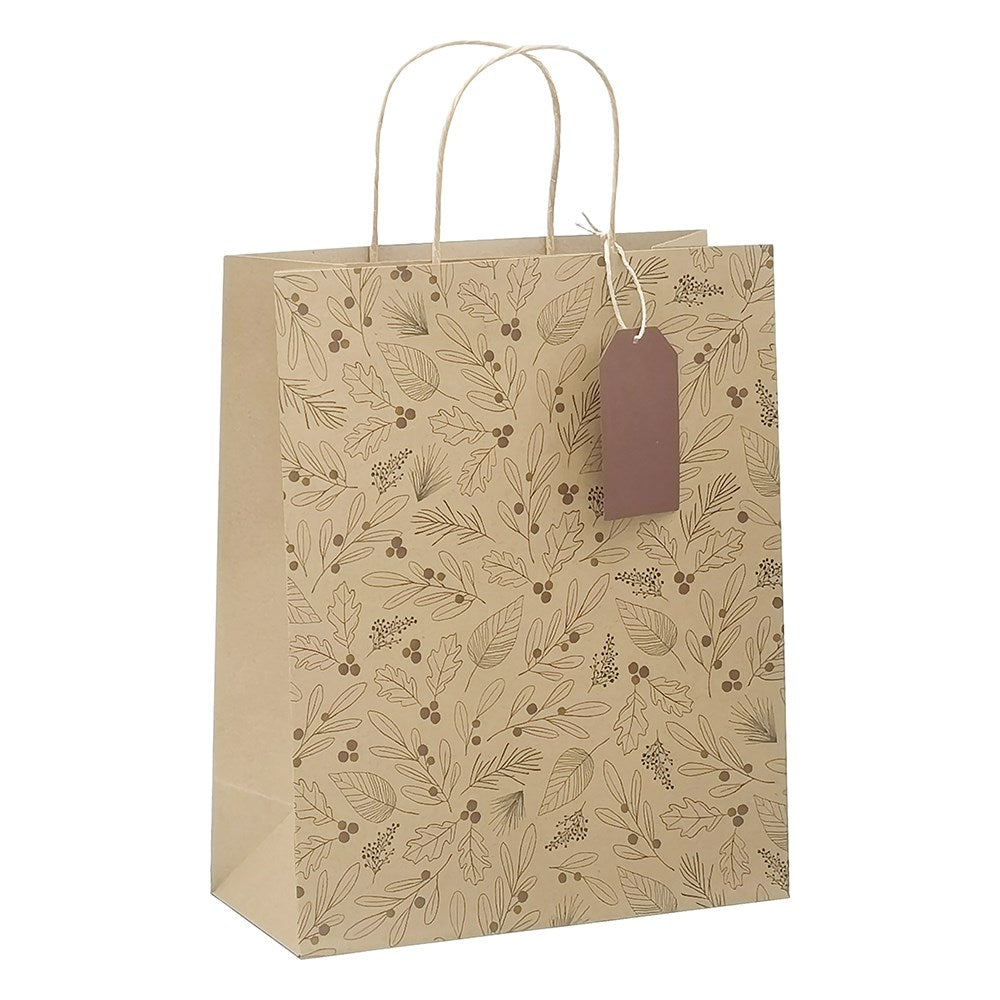 Dísztasak CREATIVE ECO Delucm x Plus M 23cm x 26cm x 12 cm kraft fóliás levél mintás sodort füles kép