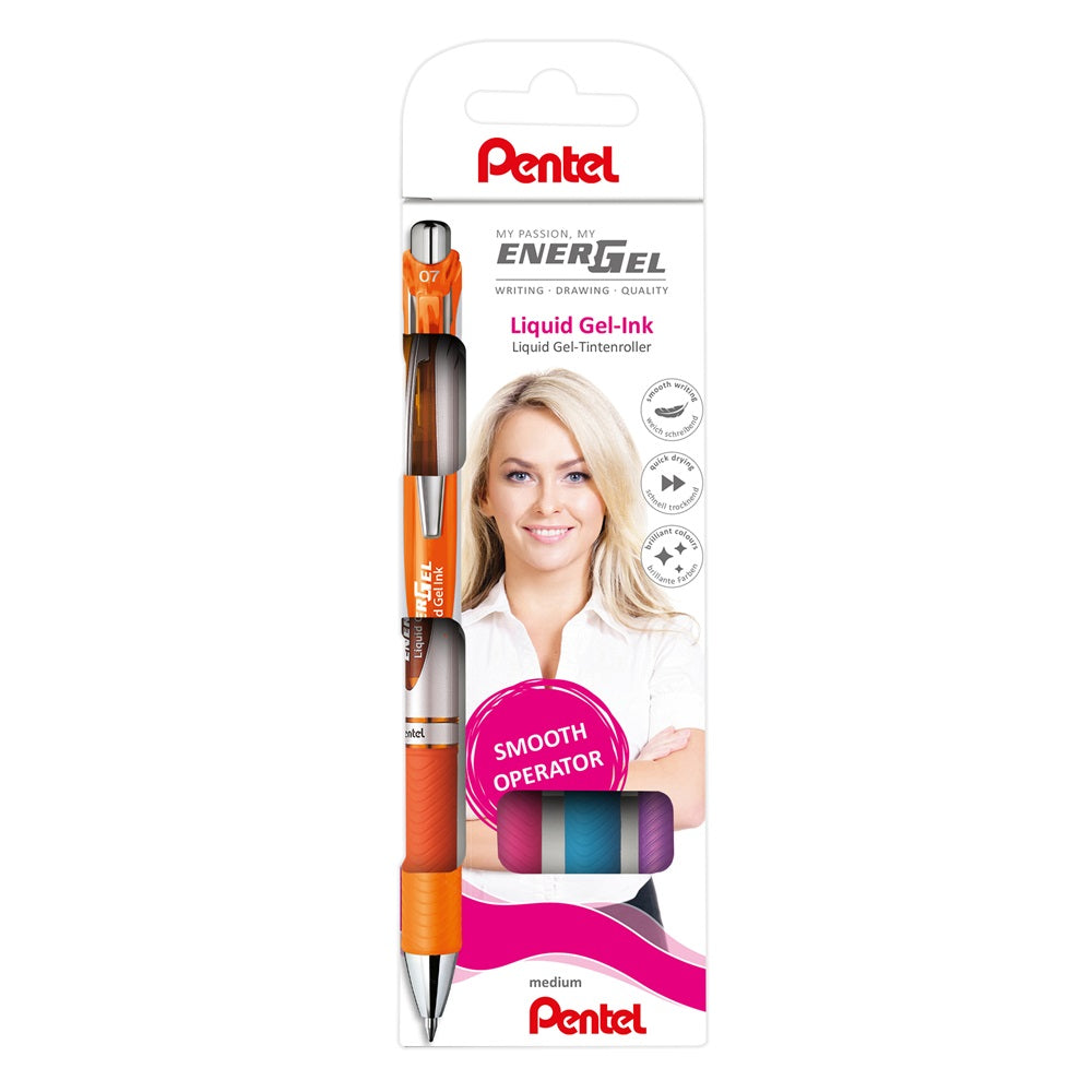 Rollertoll zselés 0.7mm, Pentel EnerGel BL77-4, írásszín narancs, pink, világoskék, lila kép