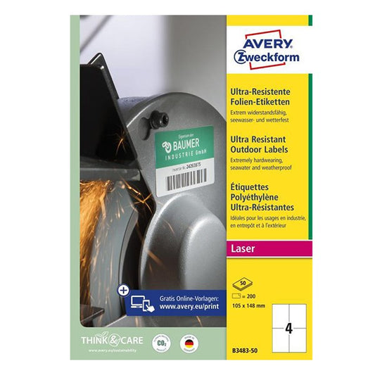 Etikett AVERY B3483-50 105x148 mm ultra ellenálló 200 címke/csomag 50 ív/csomag kép