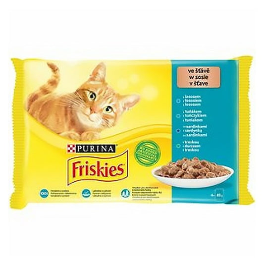Állateledel alutasakos PURINA Friskies macskáknak lazac-tonhal-tőkehal-szardínia 4x85 g kép