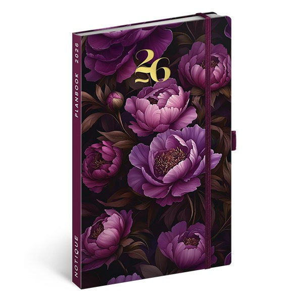 Határidőnapló REALSYSTEM 130x210 mm 2 hét oldalpáronként sárga lapos Purple flowers 2026. kép