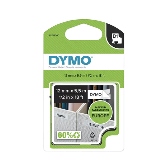 Feliratozógép szalag tartós poliészter Dymo D1 S0718060/16959 12mmx5,5m, ORIGINAL, fekete/fehér kép